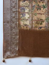 ADHIRA-Royal Beige Brown Heritage Print Saree with Rich Antique Gold Zari Border and Luxurious Traditional Satin Silk Designer Drape