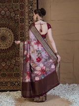 ADHIRA-Elegant Lavender Pink Floral Printed Saree with Rich Antique Zari Border and Luxurious Satin Silk Traditional Designer Drape