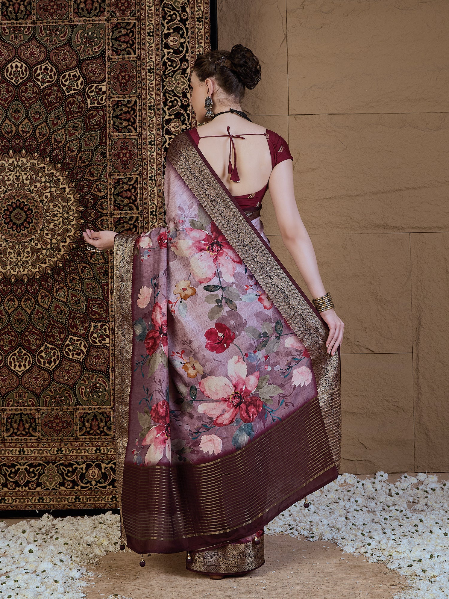 ADHIRA-Elegant Lavender Pink Floral Printed Saree with Rich Antique Zari Border and Luxurious Satin Silk Traditional Designer Drape