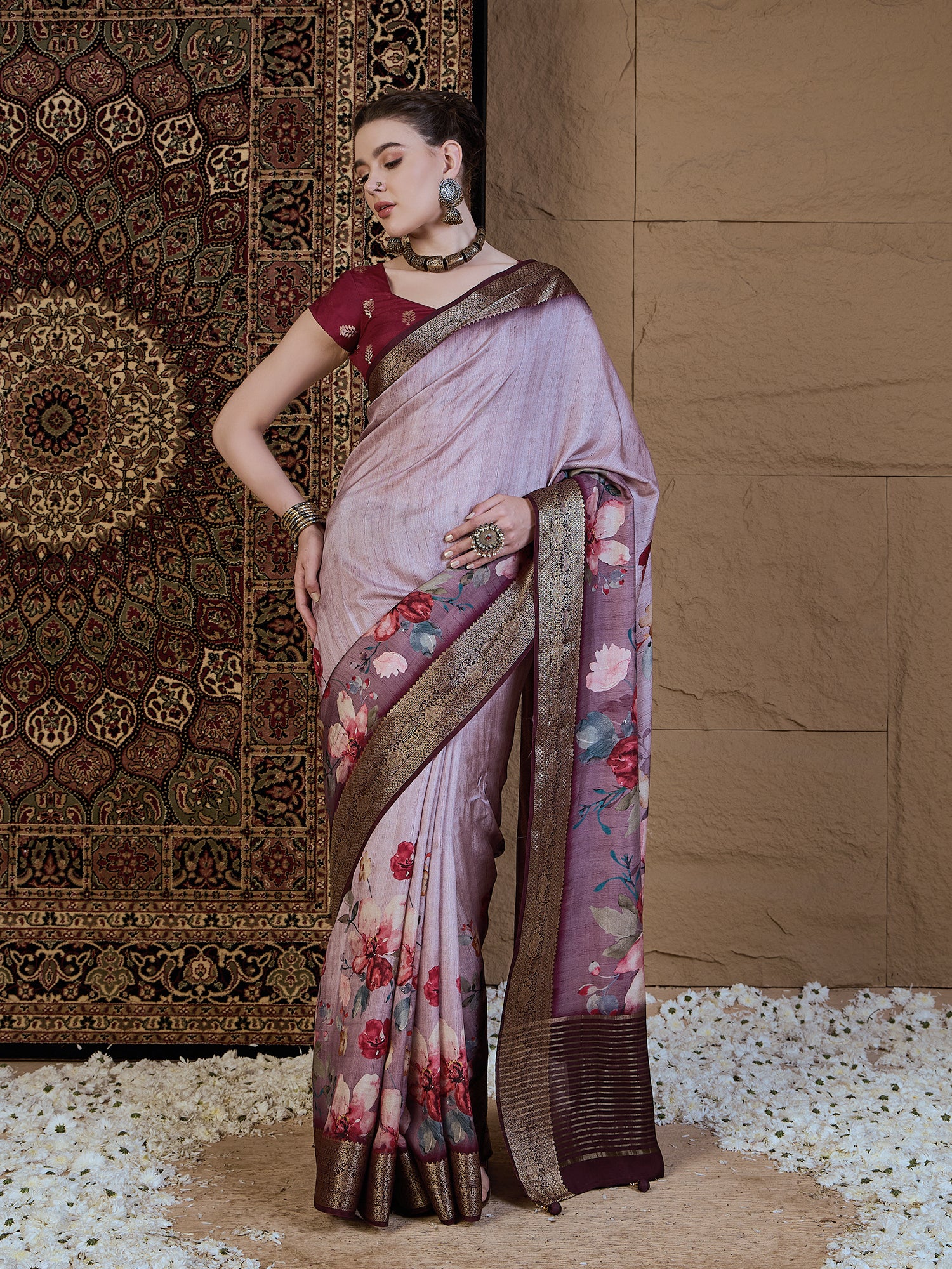ADHIRA-Elegant Lavender Pink Floral Printed Saree with Rich Antique Zari Border and Luxurious Satin Silk Traditional Designer Drape
