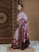 ADHIRA-Elegant Lavender Pink Floral Printed Saree with Rich Antique Zari Border and Luxurious Satin Silk Traditional Designer Drape