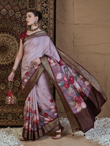 ADHIRA-Elegant Lavender Pink Floral Printed Saree with Rich Antique Zari Border and Luxurious Satin Silk Traditional Designer Drape
