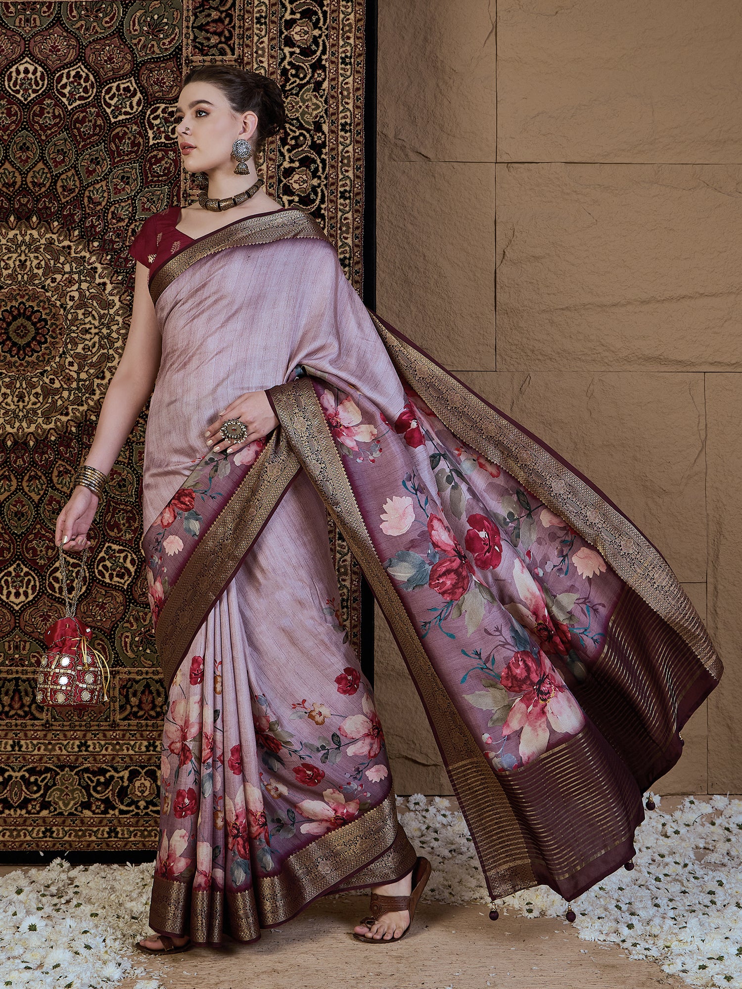 ADHIRA-Elegant Lavender Pink Floral Printed Saree with Rich Antique Zari Border and Luxurious Satin Silk Traditional Designer Drape