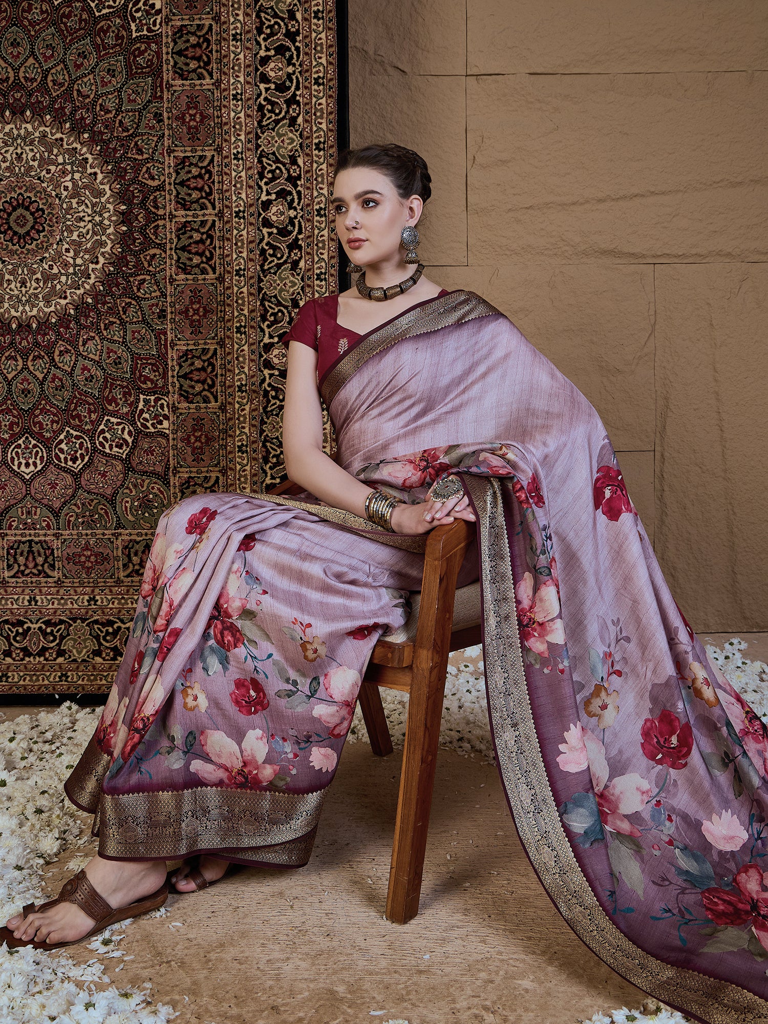 ADHIRA-Elegant Lavender Pink Floral Printed Saree with Rich Antique Zari Border and Luxurious Satin Silk Traditional Designer Drape