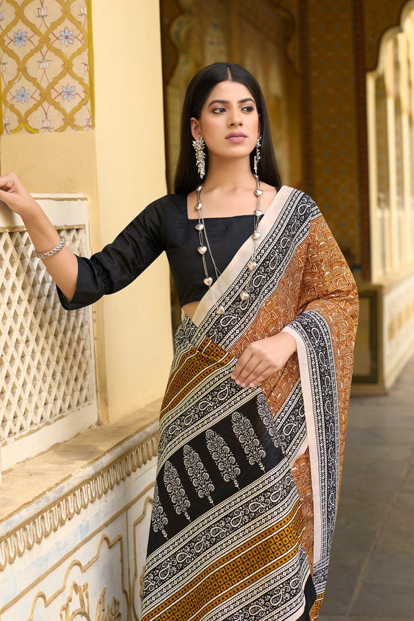 WOMANIYA Warli Art Silk Block Print Saree - Apple Lifestyle