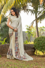 ADHIRA-Elegant Ivory White Kalamkari Printed Saree with Rich Golden Zari Border and Traditional Artistic Silk Designer Drape