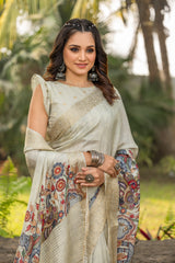 ADHIRA-Elegant Ivory White Kalamkari Printed Saree with Rich Golden Zari Border and Traditional Artistic Silk Designer Drape