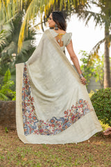 ADHIRA-Elegant Ivory White Kalamkari Printed Saree with Rich Golden Zari Border and Traditional Artistic Silk Designer Drape