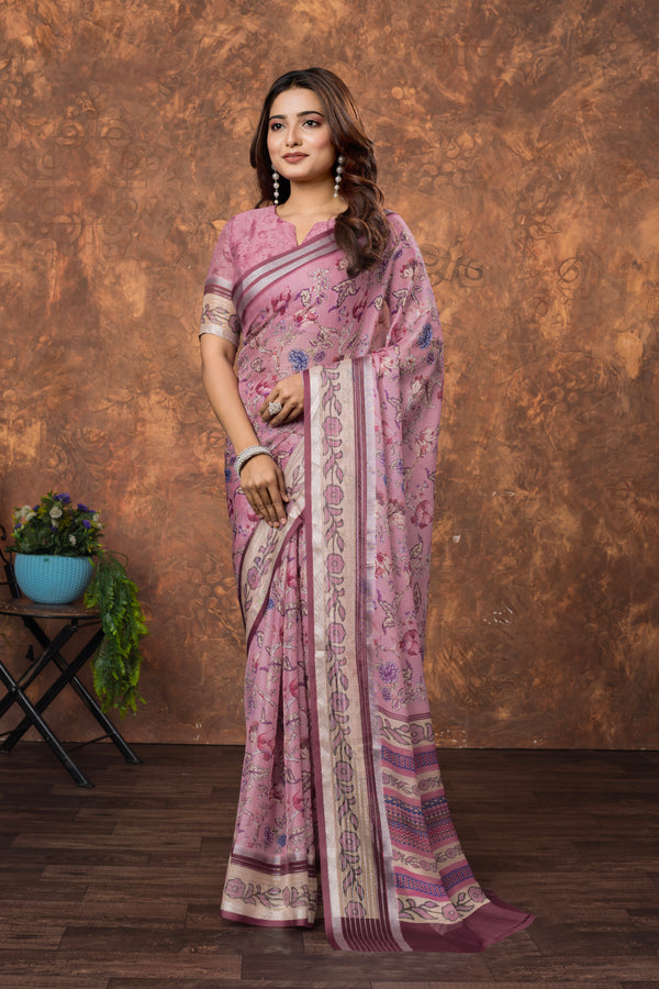 Avantika Floral Chiffon Saree with Shimmering Silver Border – Lightweight Ethnic Elegance for Any Occasion