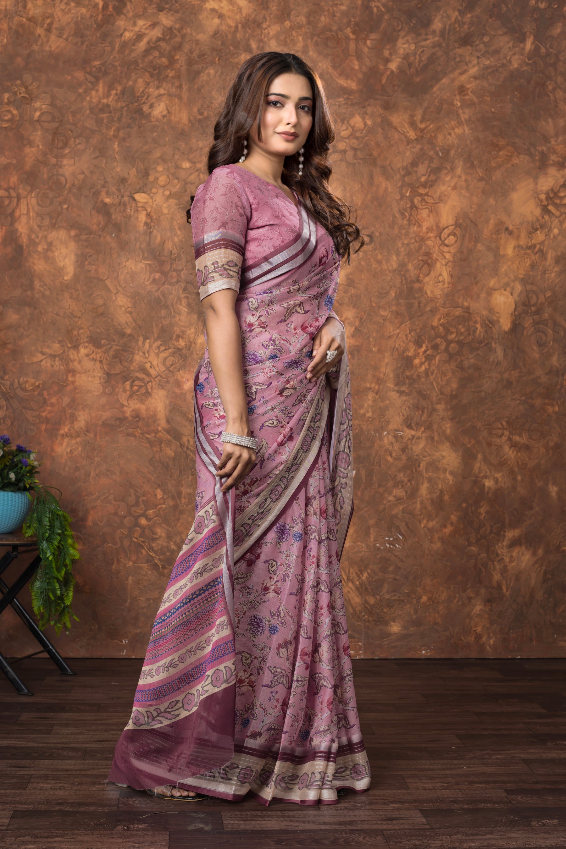 Avantika Floral Chiffon Saree with Shimmering Silver Border – Lightweight Ethnic Elegance for Any Occasion