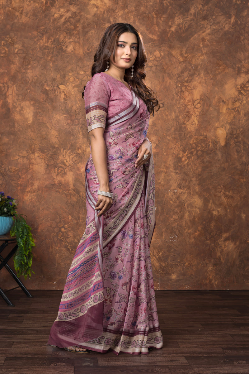 Avantika Floral Chiffon Saree with Shimmering Silver Border – Lightweight Ethnic Elegance for Any Occasion