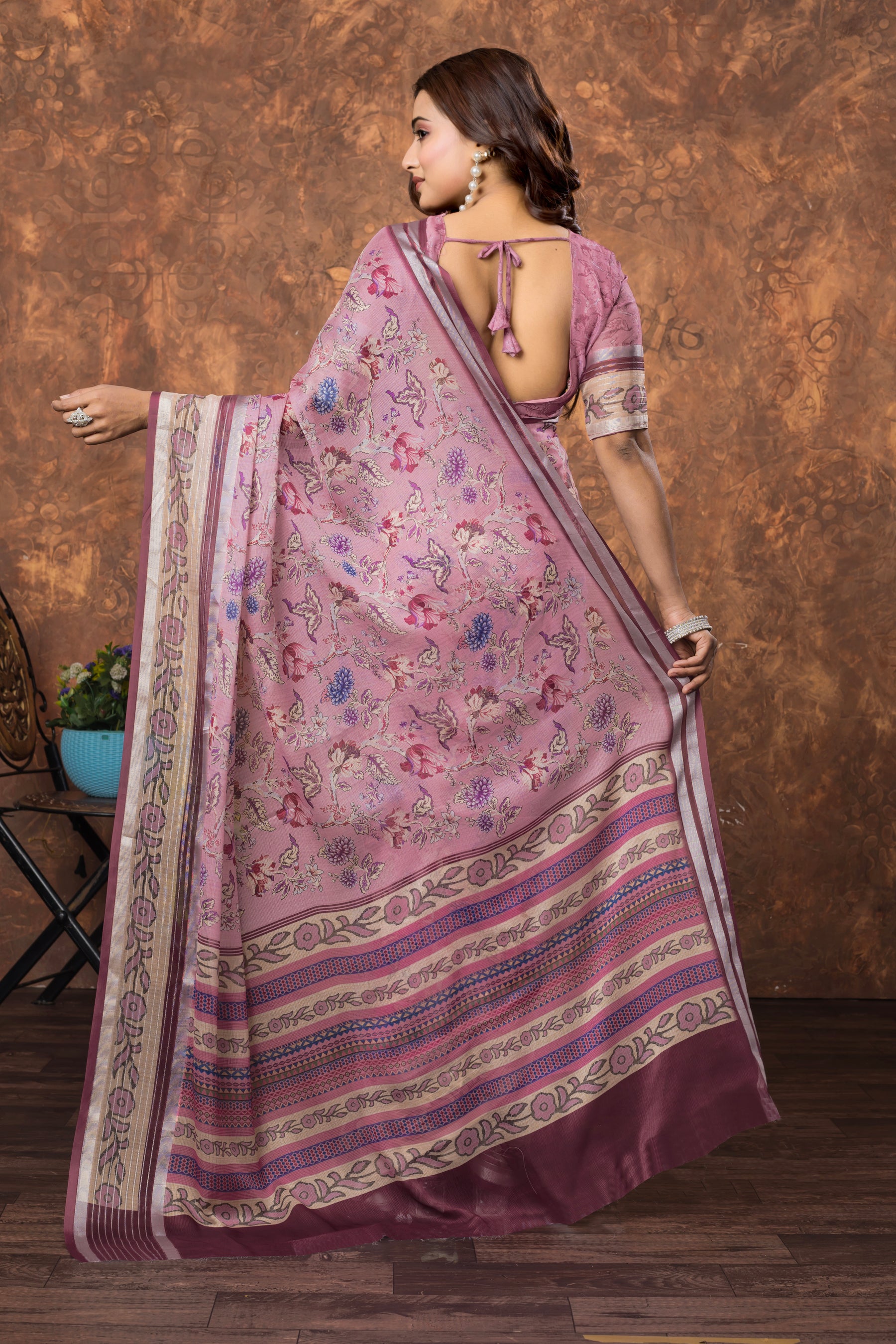 Avantika Floral Chiffon Saree with Shimmering Silver Border – Lightweight Ethnic Elegance for Any Occasion