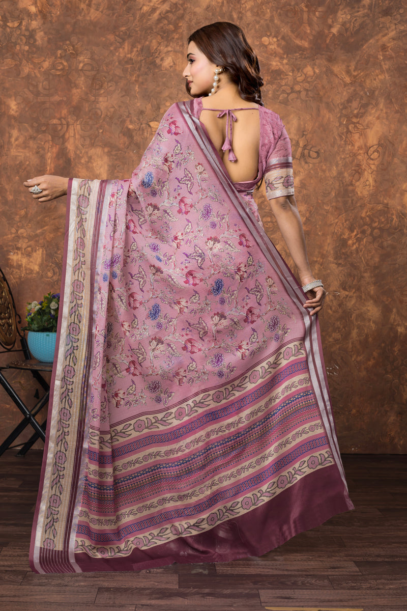 Avantika Floral Chiffon Saree with Shimmering Silver Border – Lightweight Ethnic Elegance for Any Occasion