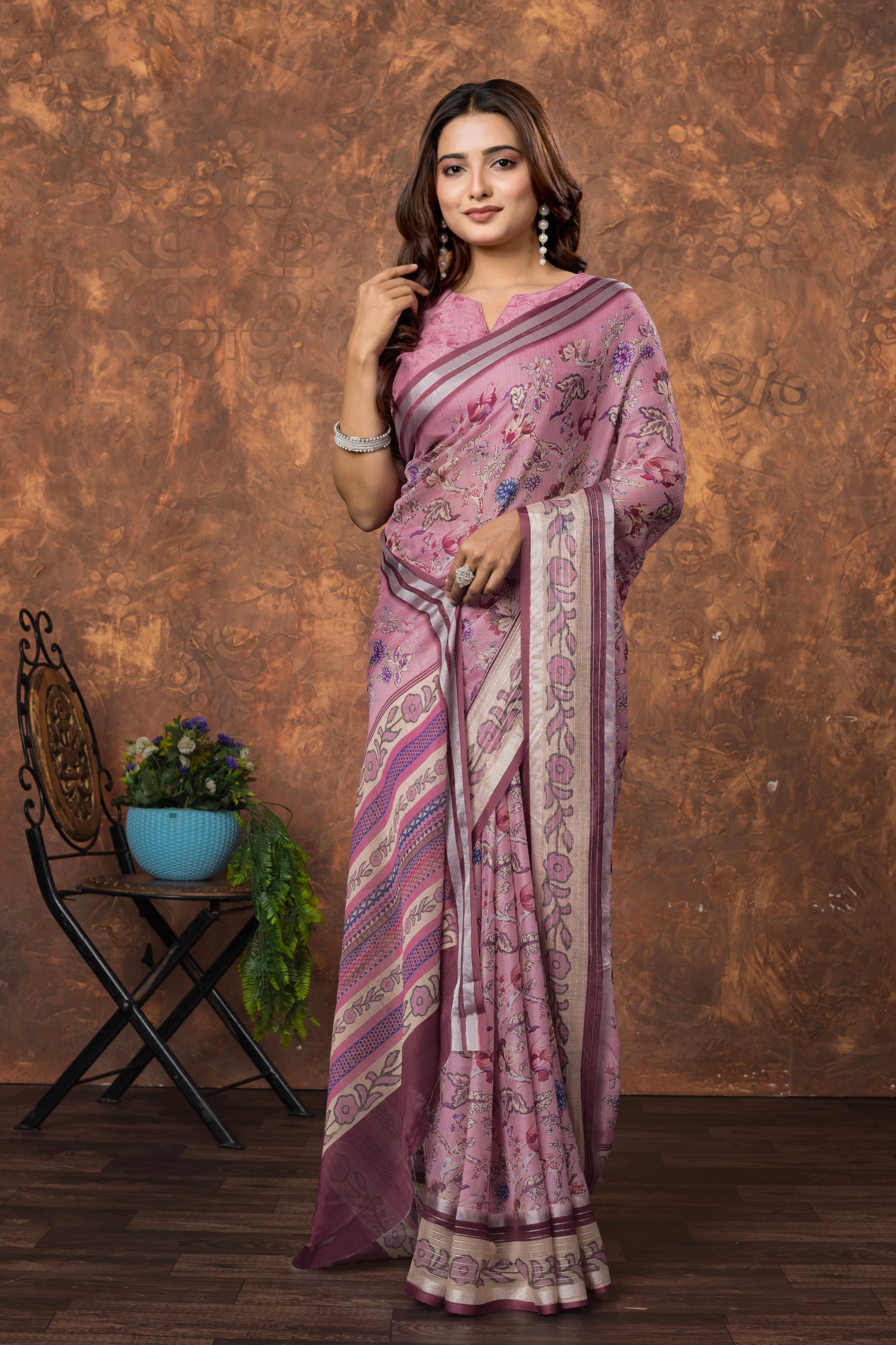 Avantika Floral Chiffon Saree with Shimmering Silver Border – Lightweight Ethnic Elegance for Any Occasion