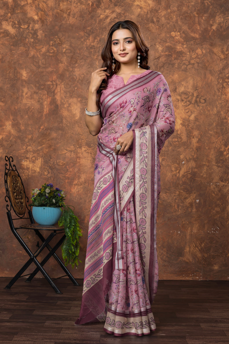 Avantika Floral Chiffon Saree with Shimmering Silver Border – Lightweight Ethnic Elegance for Any Occasion