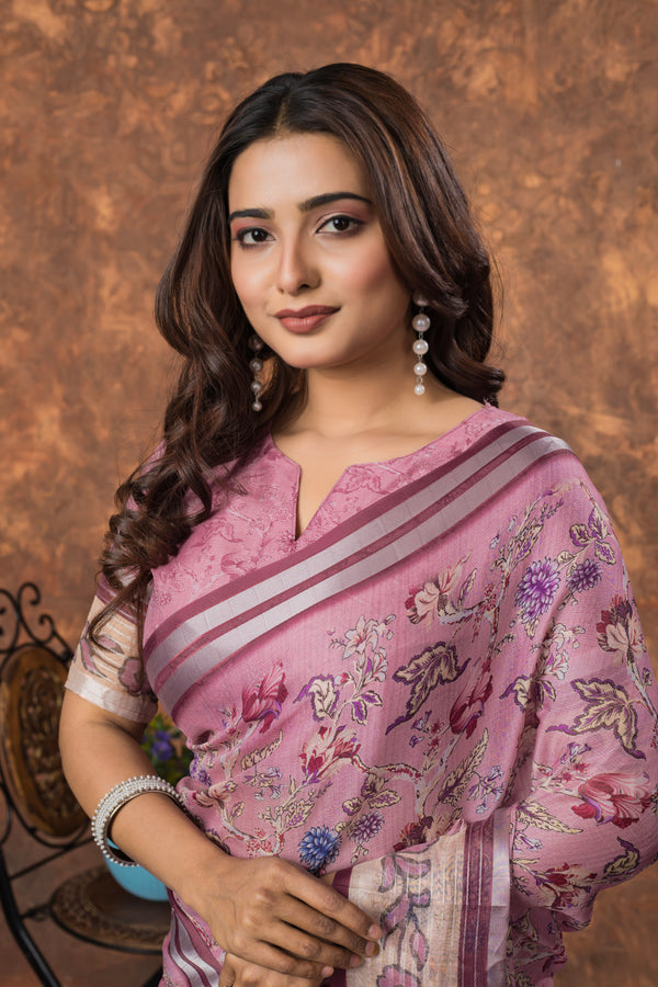 Avantika Floral Chiffon Saree with Shimmering Silver Border – Lightweight Ethnic Elegance for Any Occasion