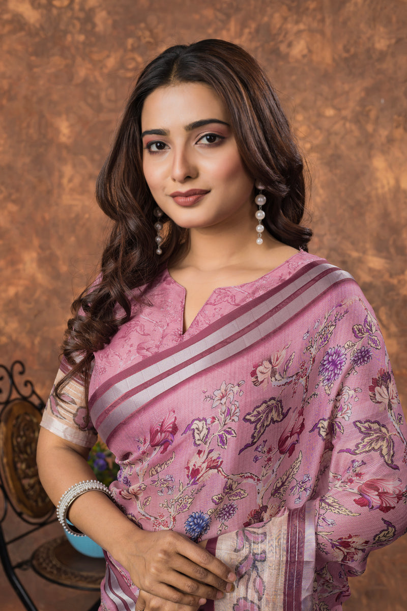 Avantika Floral Chiffon Saree with Shimmering Silver Border – Lightweight Ethnic Elegance for Any Occasion
