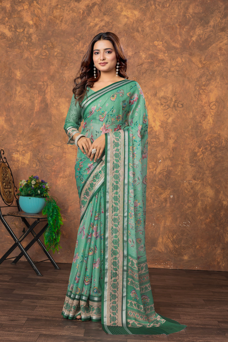 Avantika Chiffon Saree with Silver Patti and Floral Print – Soft, Stylish, and Perfect for Every Occasion
