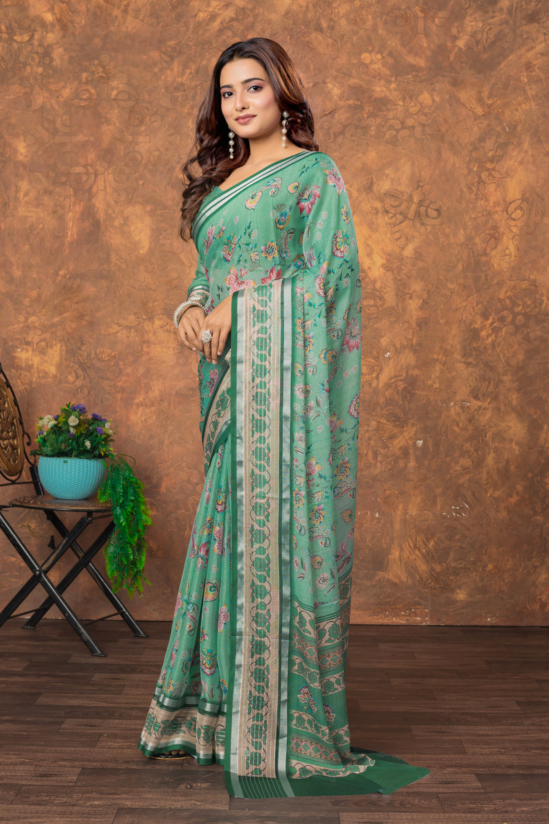 Avantika Chiffon Saree with Silver Patti and Floral Print – Soft, Stylish, and Perfect for Every Occasion