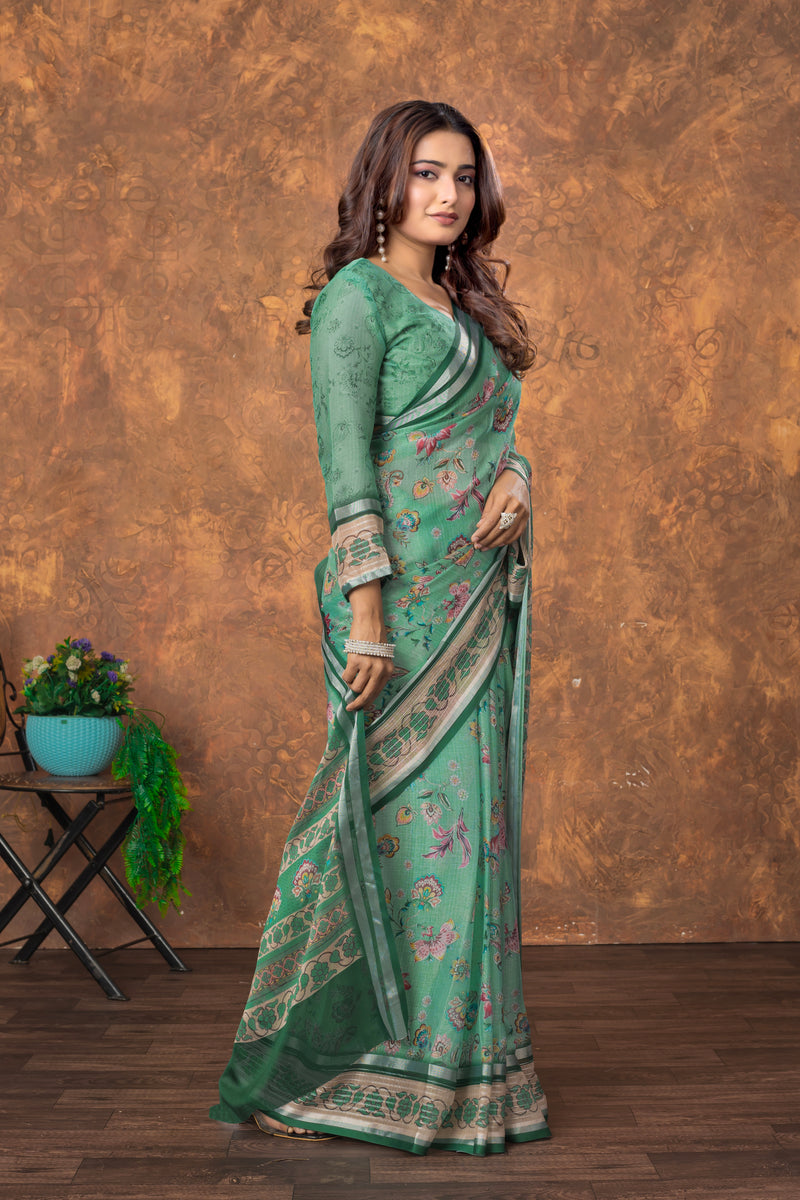 Avantika Chiffon Saree with Silver Patti and Floral Print – Soft, Stylish, and Perfect for Every Occasion
