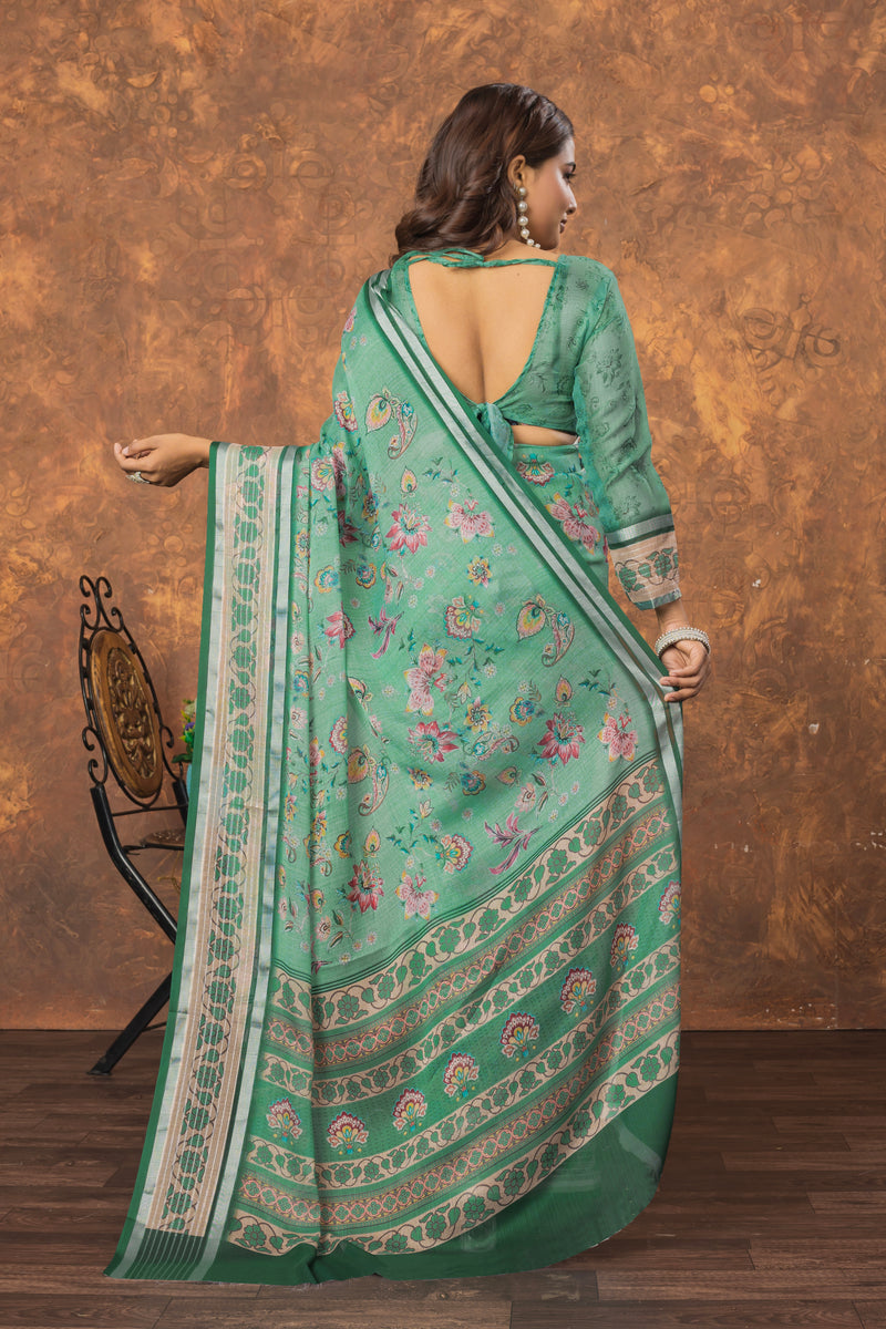 Avantika Chiffon Saree with Silver Patti and Floral Print – Soft, Stylish, and Perfect for Every Occasion