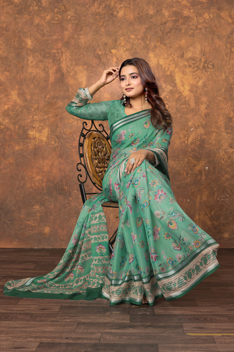 Avantika Chiffon Saree with Silver Patti and Floral Print – Soft, Stylish, and Perfect for Every Occasion