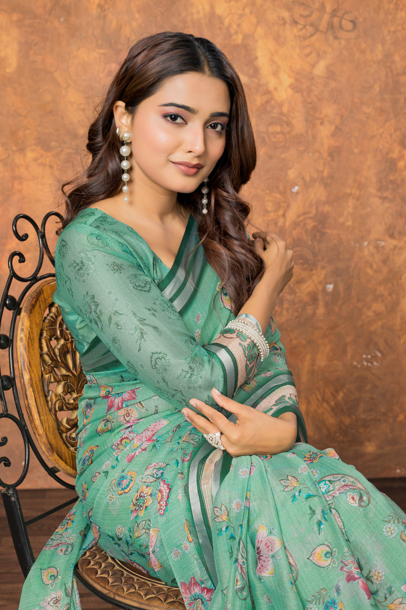 Avantika Chiffon Saree with Silver Patti and Floral Print – Soft, Stylish, and Perfect for Every Occasion
