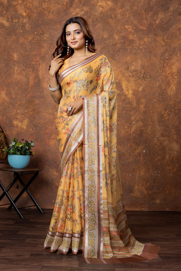 Avantika Women's Floral Chiffon Saree with Silver Patti Border – Soft, Stylish & Lightweight Drapes