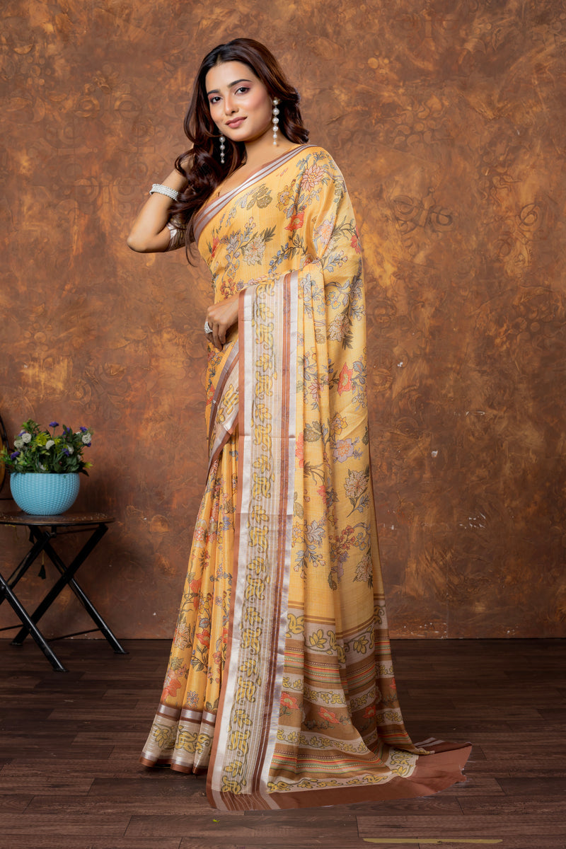 Avantika Women's Floral Chiffon Saree with Silver Patti Border – Soft, Stylish & Lightweight Drapes