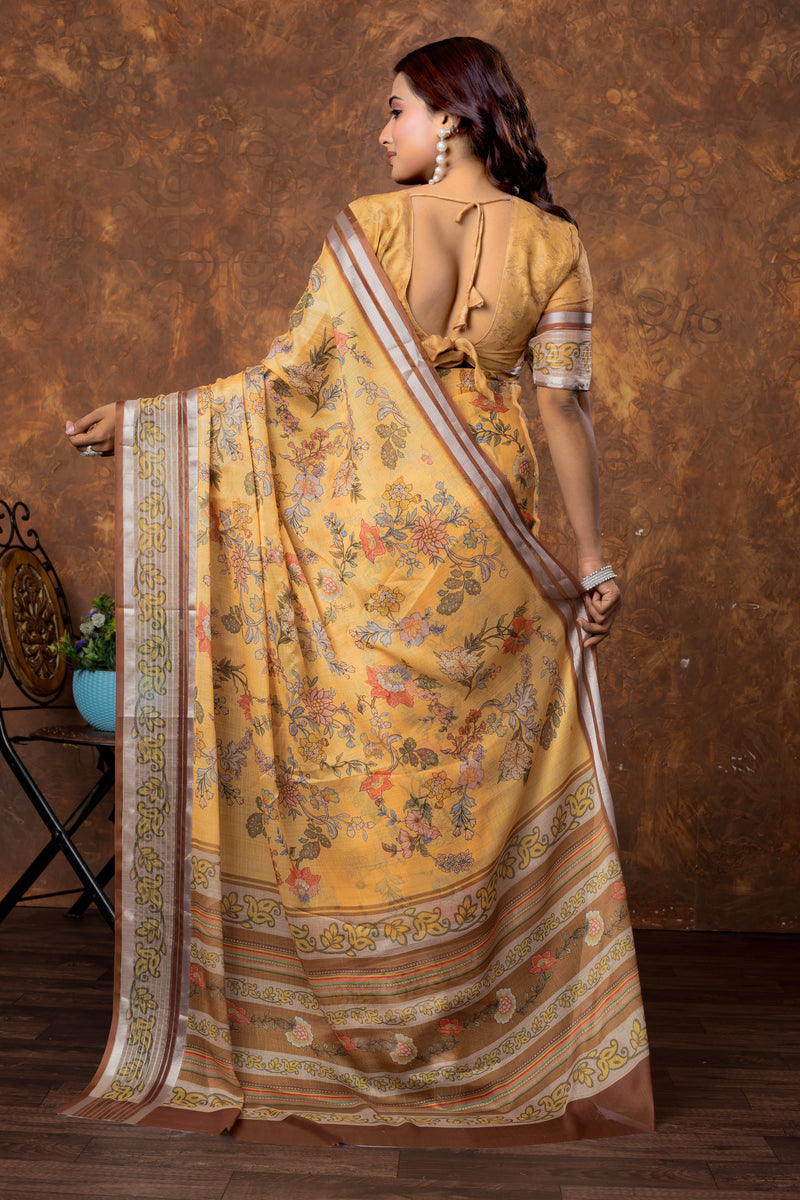 Avantika Women's Floral Chiffon Saree with Silver Patti Border – Soft, Stylish & Lightweight Drapes