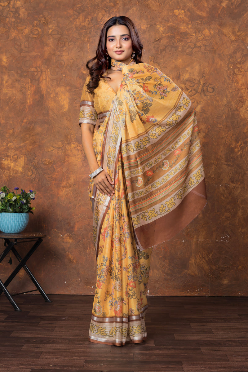 Avantika Women's Floral Chiffon Saree with Silver Patti Border – Soft, Stylish & Lightweight Drapes