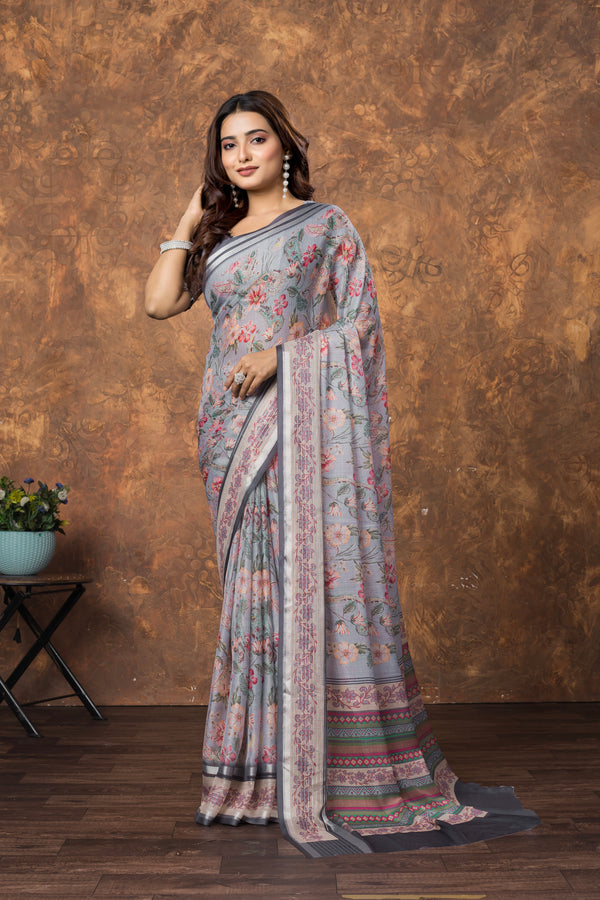 Avantika Chiffon Saree with Silver Patti & Floral Print – Elegant and Breezy Ethnic Wear for Every Occasion