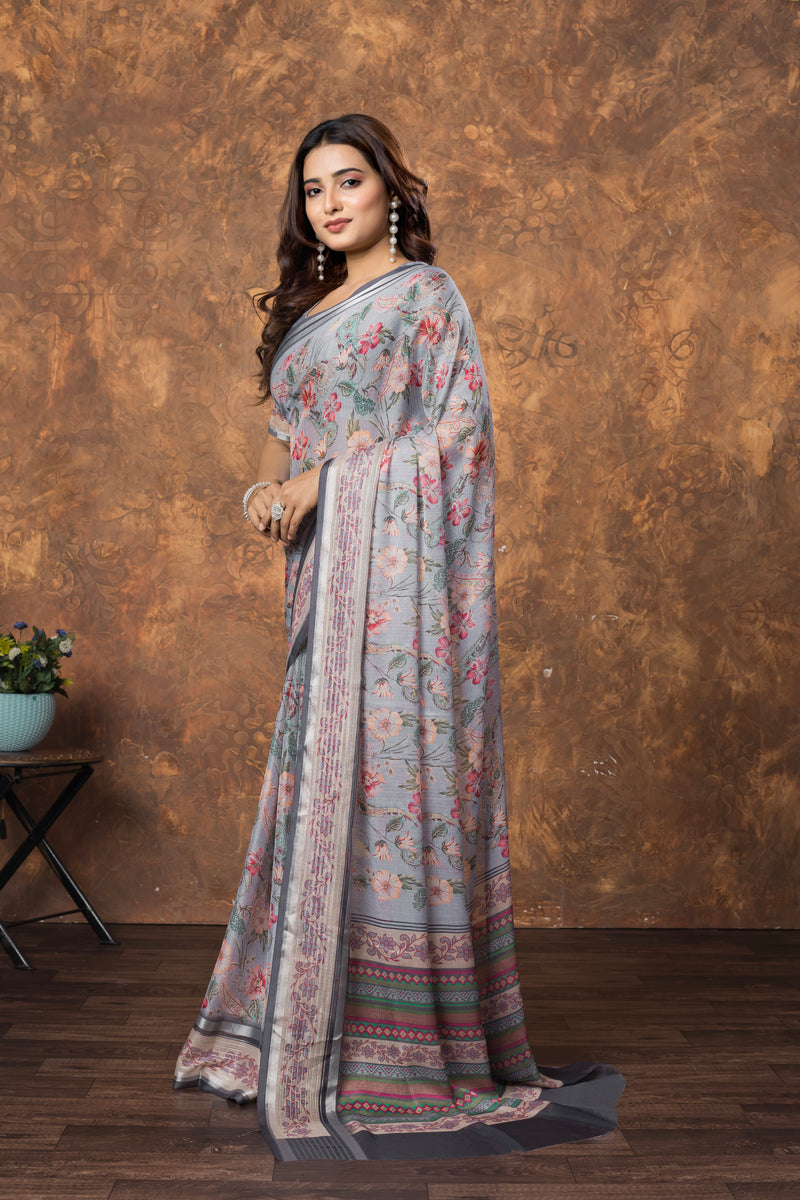 Avantika Chiffon Saree with Silver Patti & Floral Print – Elegant and Breezy Ethnic Wear for Every Occasion