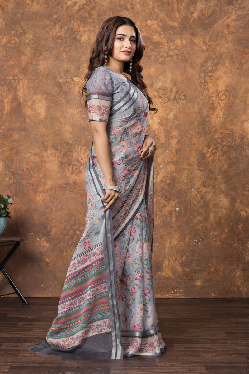 Avantika Chiffon Saree with Silver Patti & Floral Print – Elegant and Breezy Ethnic Wear for Every Occasion