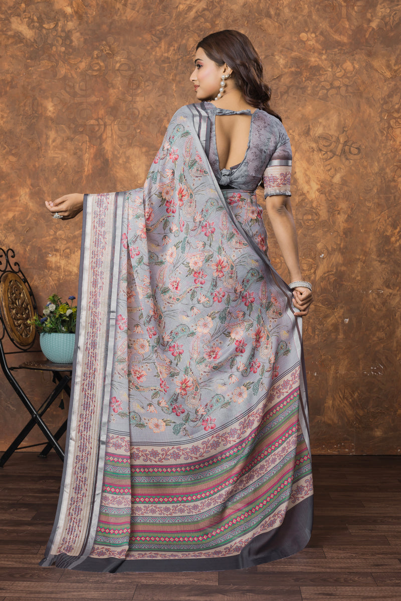 Avantika Chiffon Saree with Silver Patti & Floral Print – Elegant and Breezy Ethnic Wear for Every Occasion