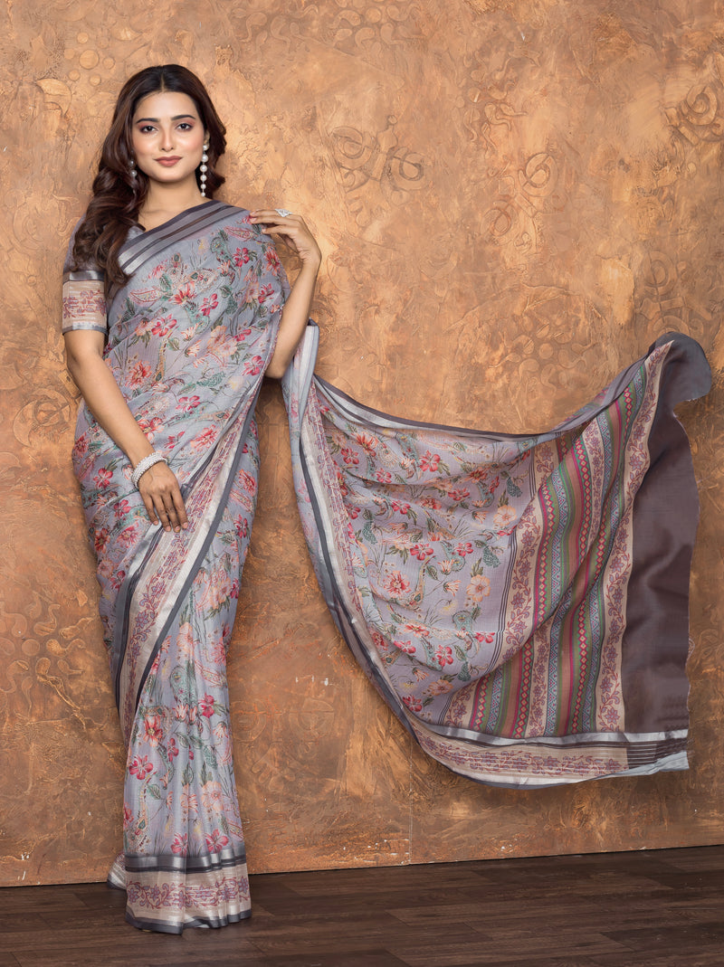 Avantika Chiffon Saree with Silver Patti & Floral Print – Elegant and Breezy Ethnic Wear for Every Occasion
