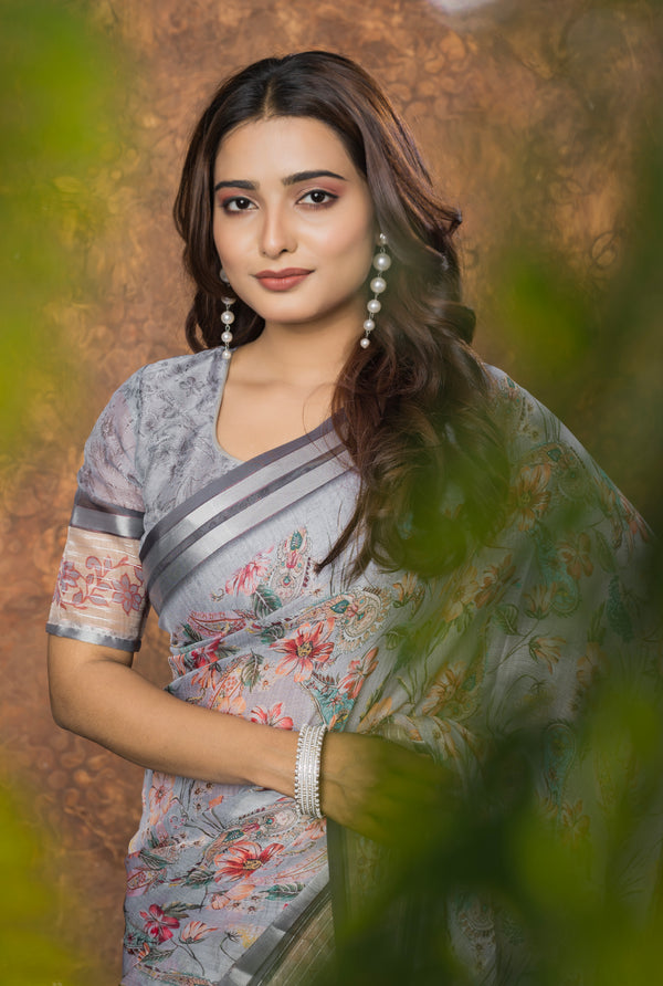 Avantika Chiffon Saree with Silver Patti & Floral Print – Elegant and Breezy Ethnic Wear for Every Occasion