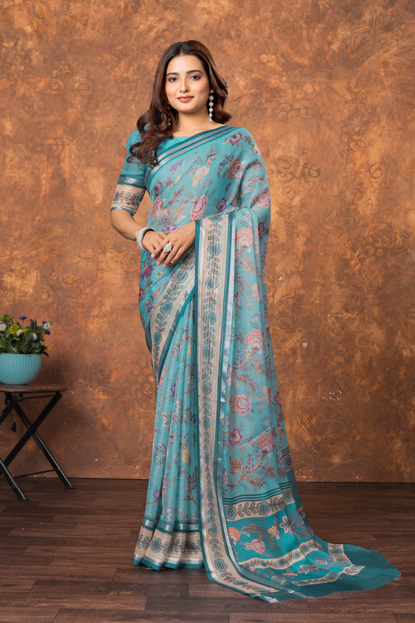 Avantika Chiffon Saree with Silver Patti & Soft Floral Print – Elegant Lightweight Party Wear
