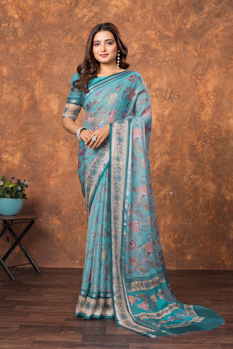 Avantika Chiffon Saree with Silver Patti & Soft Floral Print – Elegant Lightweight Party Wear