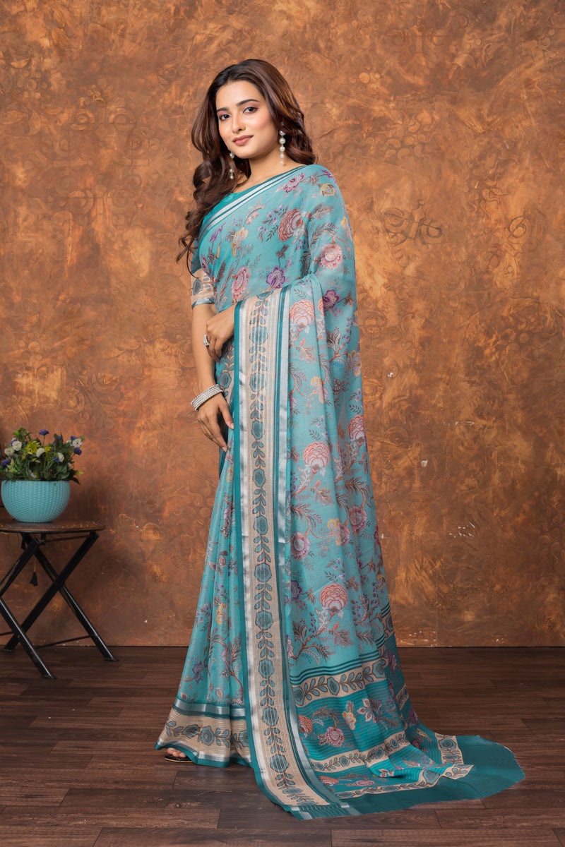 Avantika Chiffon Saree with Silver Patti & Soft Floral Print – Elegant Lightweight Party Wear