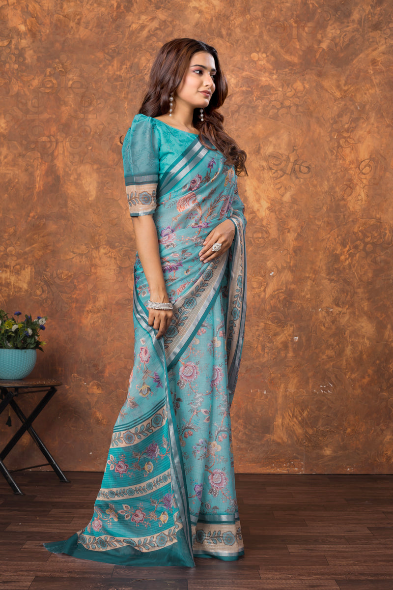 Avantika Chiffon Saree with Silver Patti & Soft Floral Print – Elegant Lightweight Party Wear