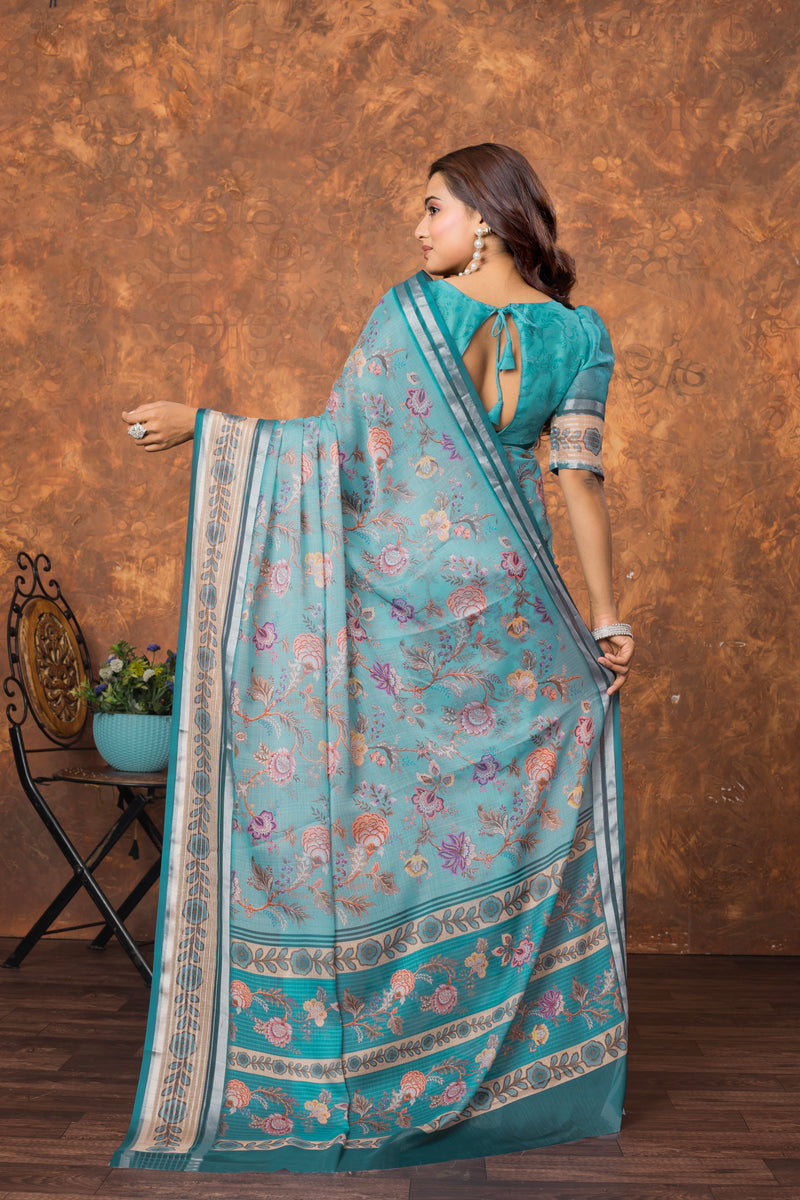 Avantika Chiffon Saree with Silver Patti & Soft Floral Print – Elegant Lightweight Party Wear