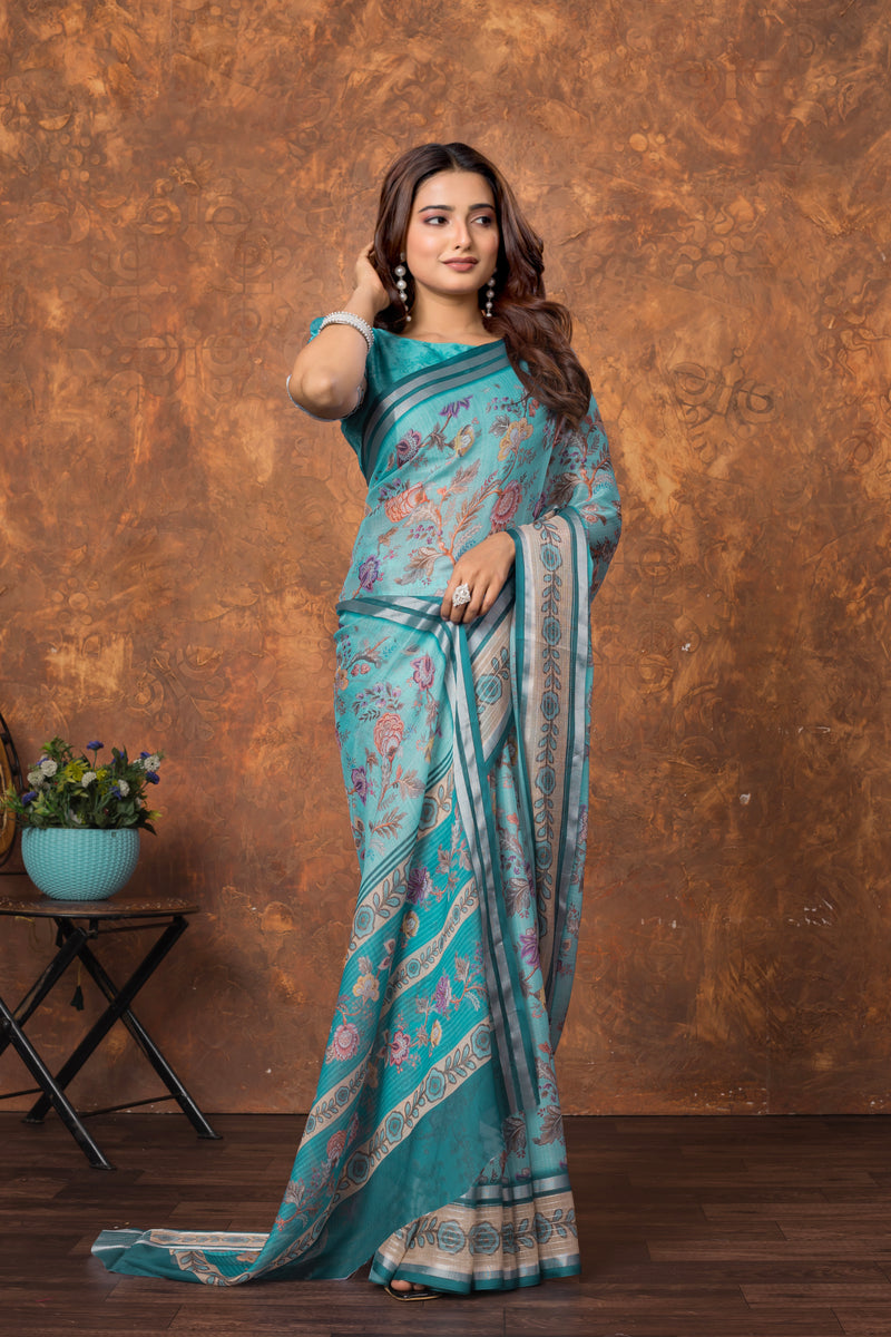 Avantika Chiffon Saree with Silver Patti & Soft Floral Print – Elegant Lightweight Party Wear