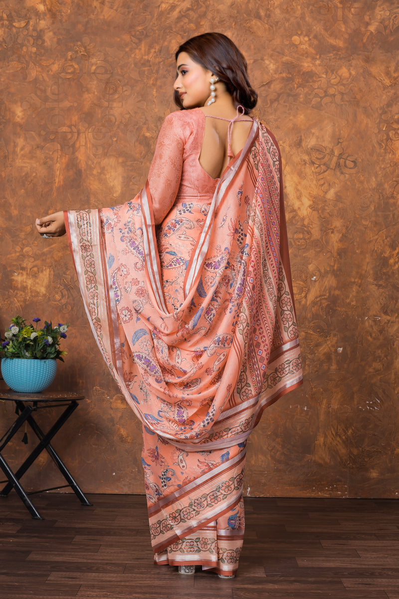Avantika Women's Chiffon Saree with Silver Patti & Elegant Floral Print – Lightweight & Festive Wear