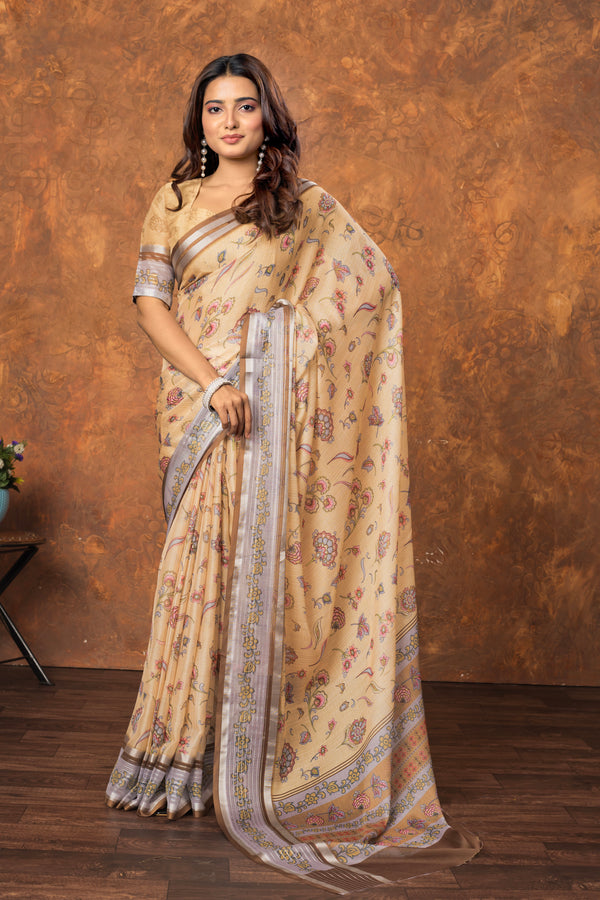 New Avantika Women's Chiffon Saree with Silver Patti & Floral Print – Lightweight & Elegant Party Wear