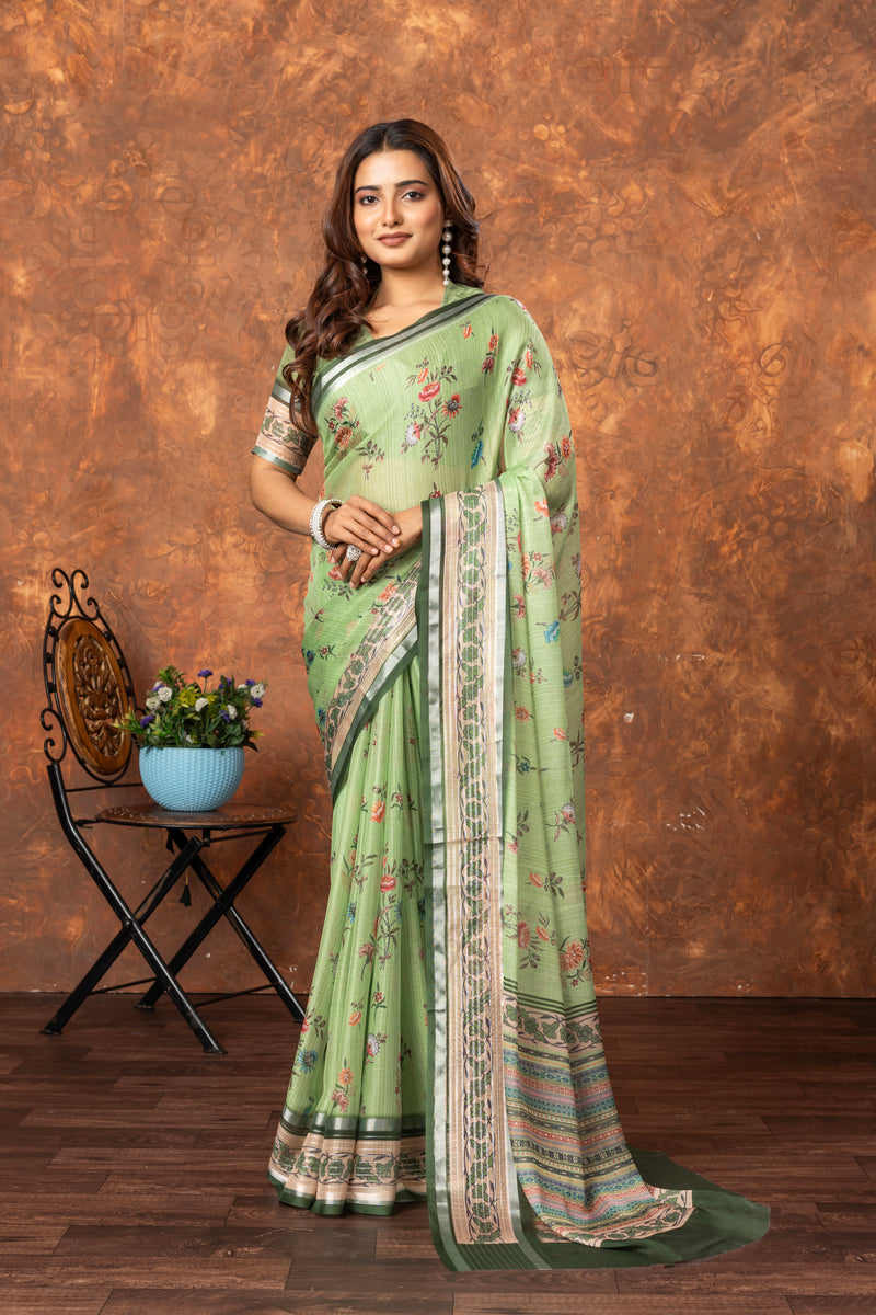 Avantika Elegant Chiffon Saree with Silver Patti & Floral Print – Perfect for Special Occasions
