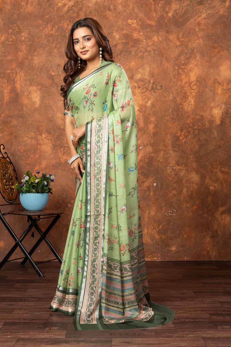 Avantika Elegant Chiffon Saree with Silver Patti & Floral Print – Perfect for Special Occasions