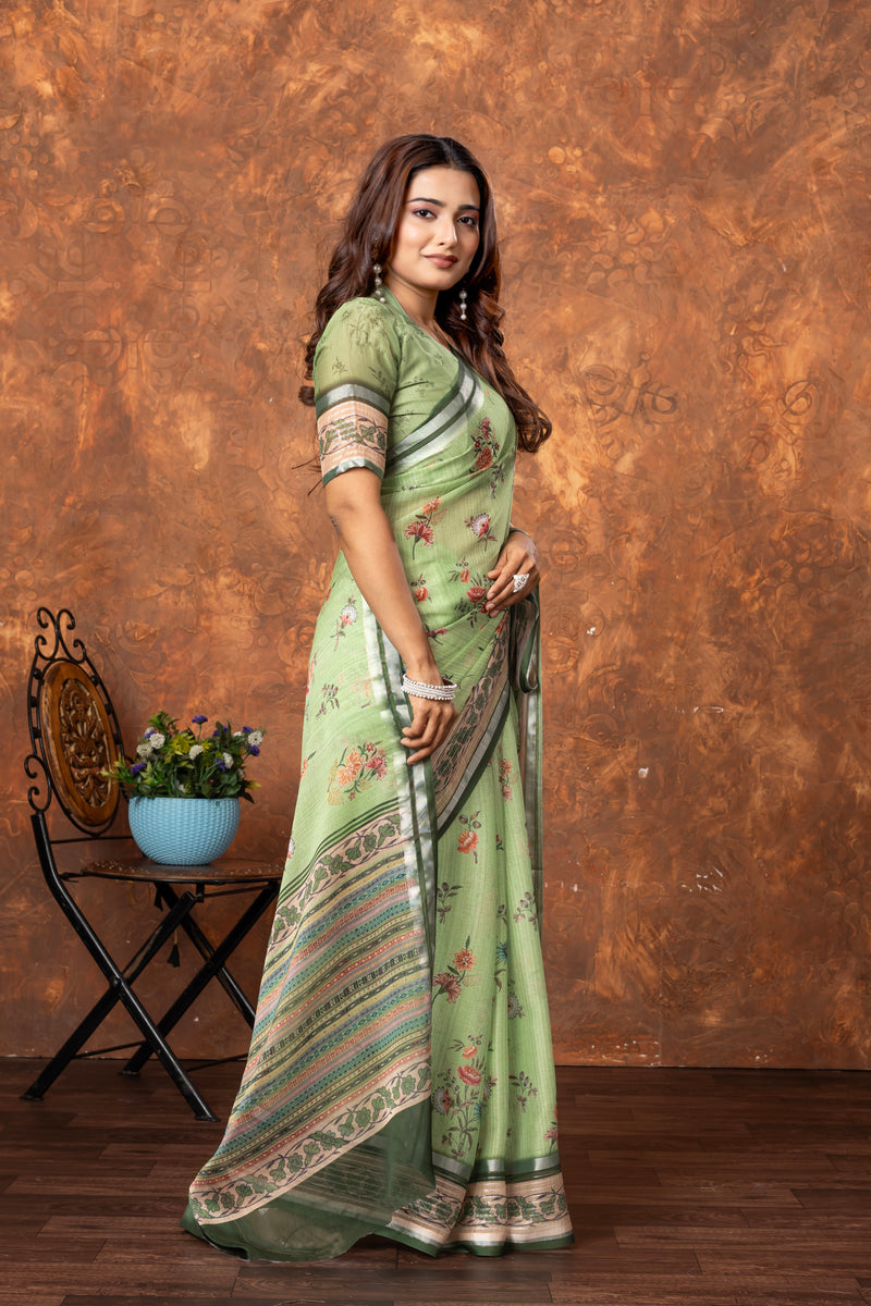 Avantika Elegant Chiffon Saree with Silver Patti & Floral Print – Perfect for Special Occasions