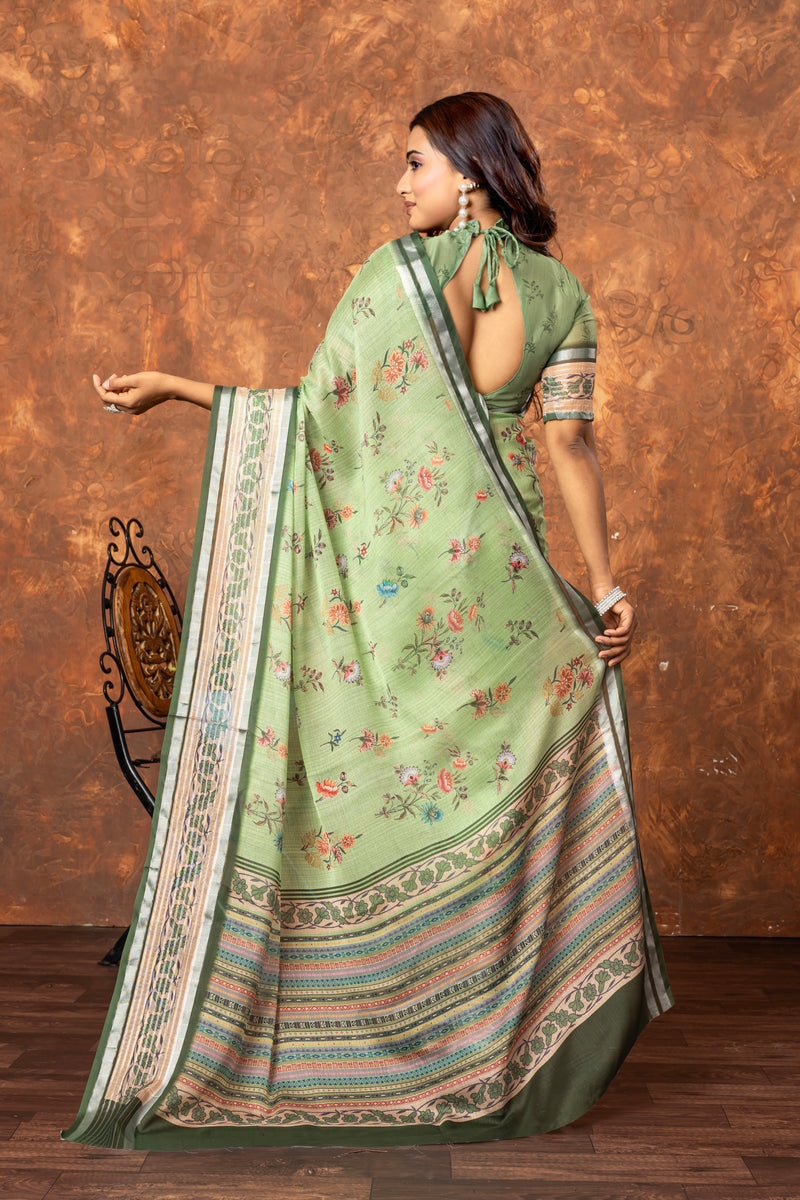 Avantika Elegant Chiffon Saree with Silver Patti & Floral Print – Perfect for Special Occasions