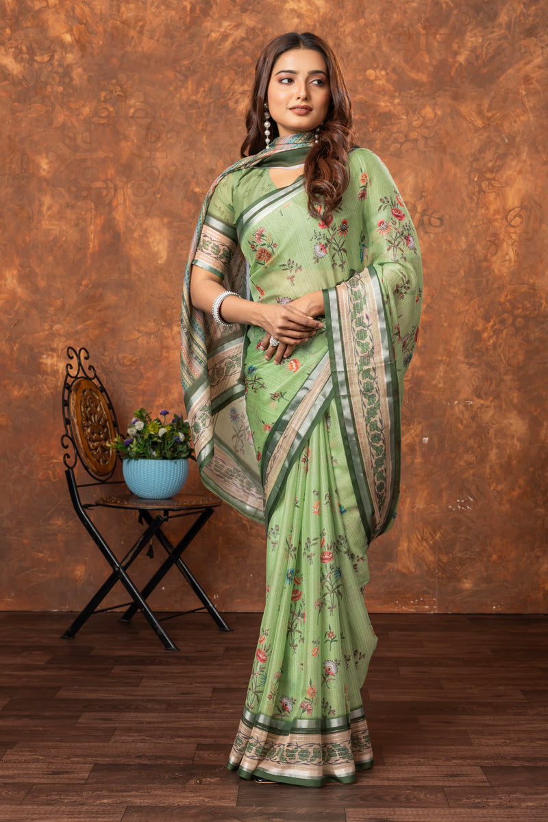 Avantika Elegant Chiffon Saree with Silver Patti & Floral Print – Perfect for Special Occasions